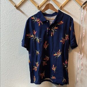 Lands End Blue Polo Shirt with Tropical Print bird of paradise